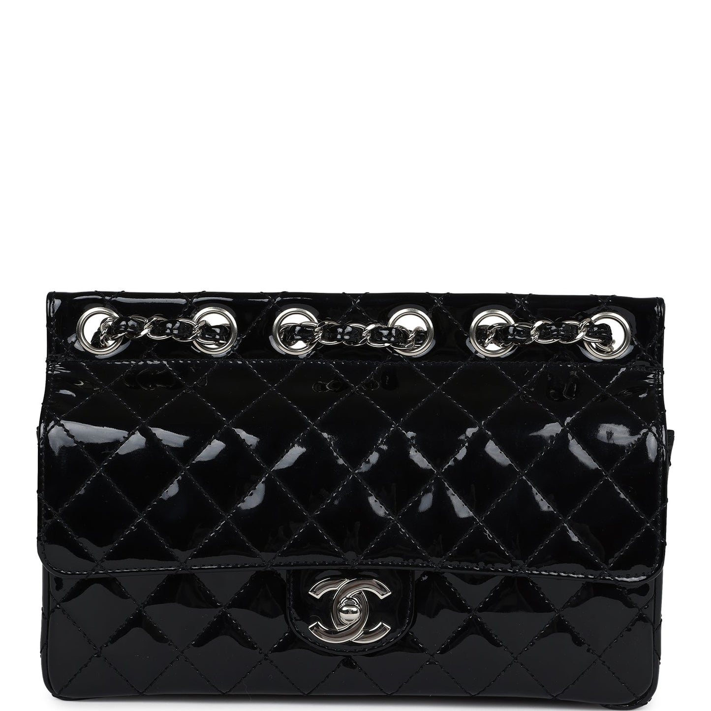 Chanel  Chain Through Flap Bag Black Patent Silver Hardware