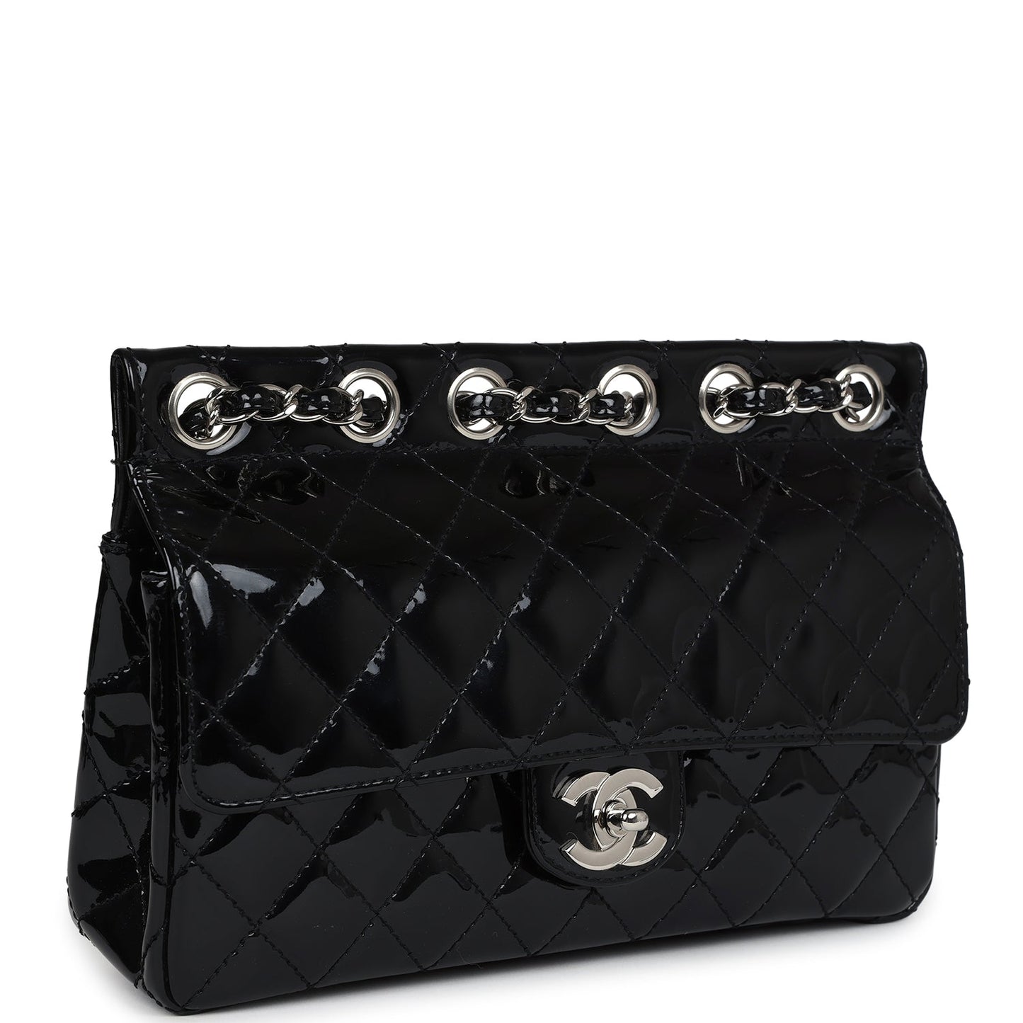 Chanel  Chain Through Flap Bag Black Patent Silver Hardware