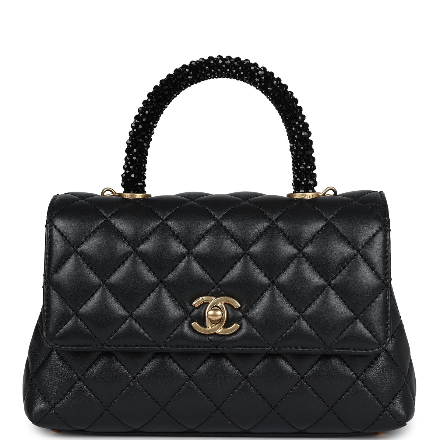 Chanel Small Coco Crystal Top Handle Flap Bag Black Lambskin Brushed Gold Hardware Coco Handle