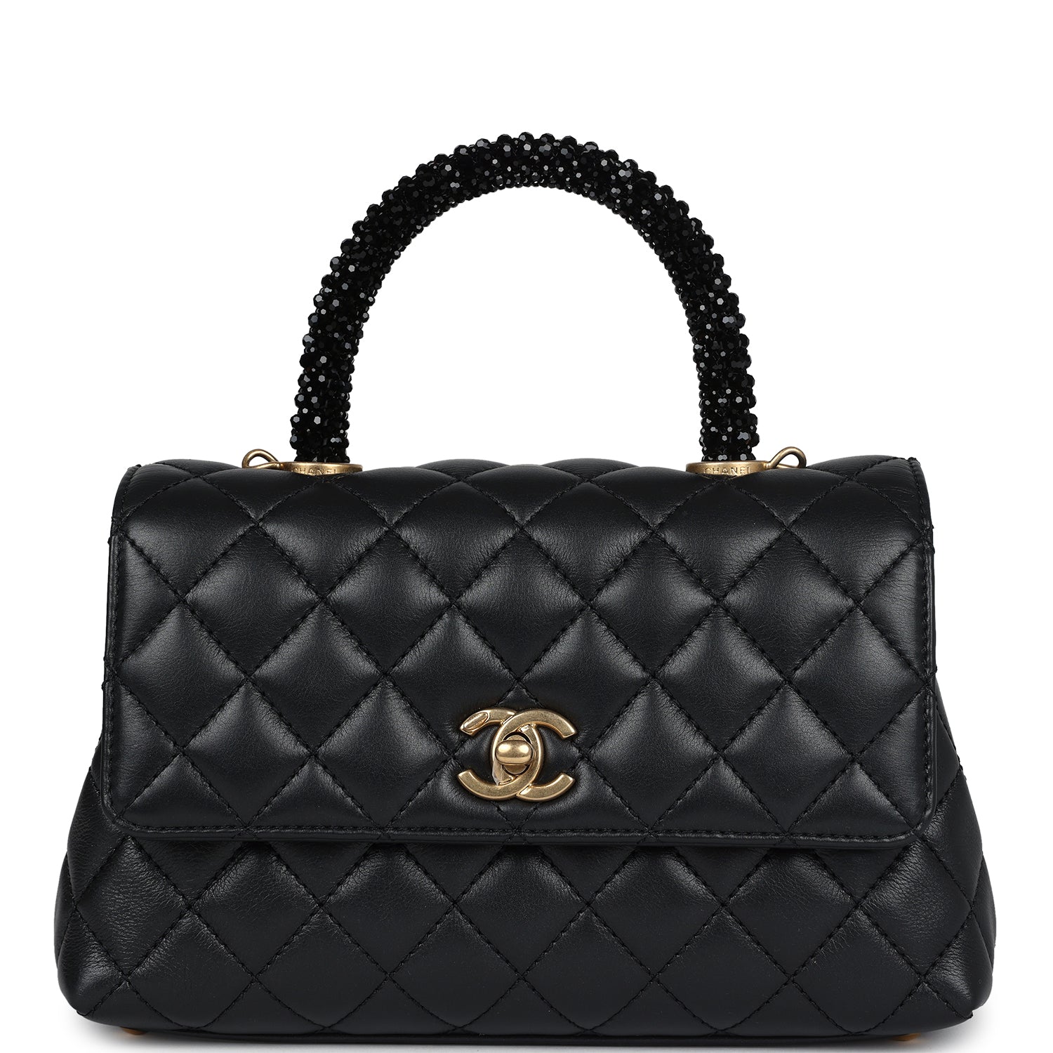 Chanel Small Coco Crystal Top Handle Flap Bag Black Lambskin Brushed Gold Hardware Coco Handle