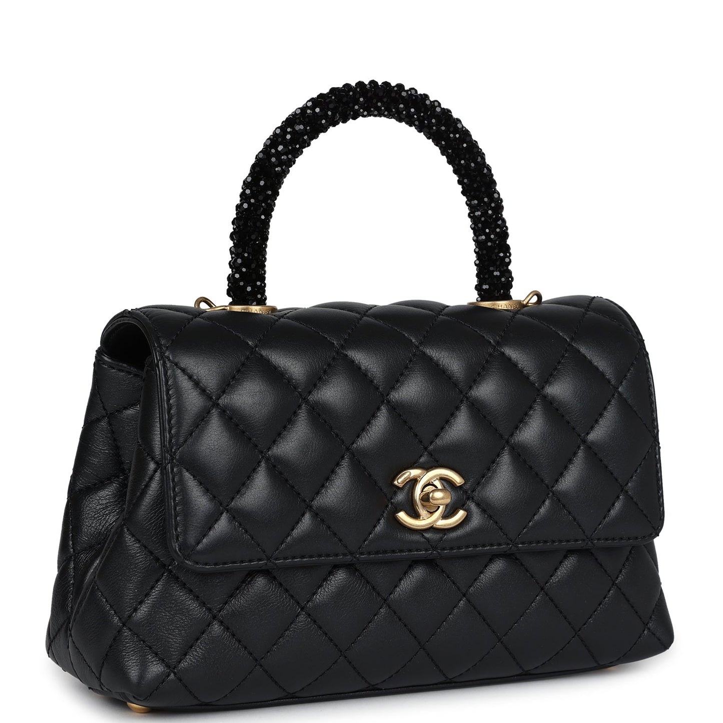 Chanel Small Coco Crystal Top Handle Flap Bag Black Lambskin Brushed Gold Hardware Coco Handle