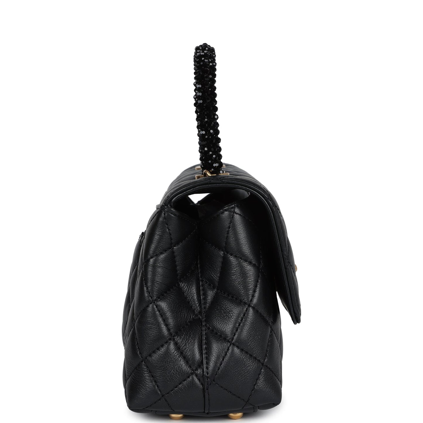 Chanel Small Coco Crystal Top Handle Flap Bag Black Lambskin Brushed Gold Hardware Coco Handle