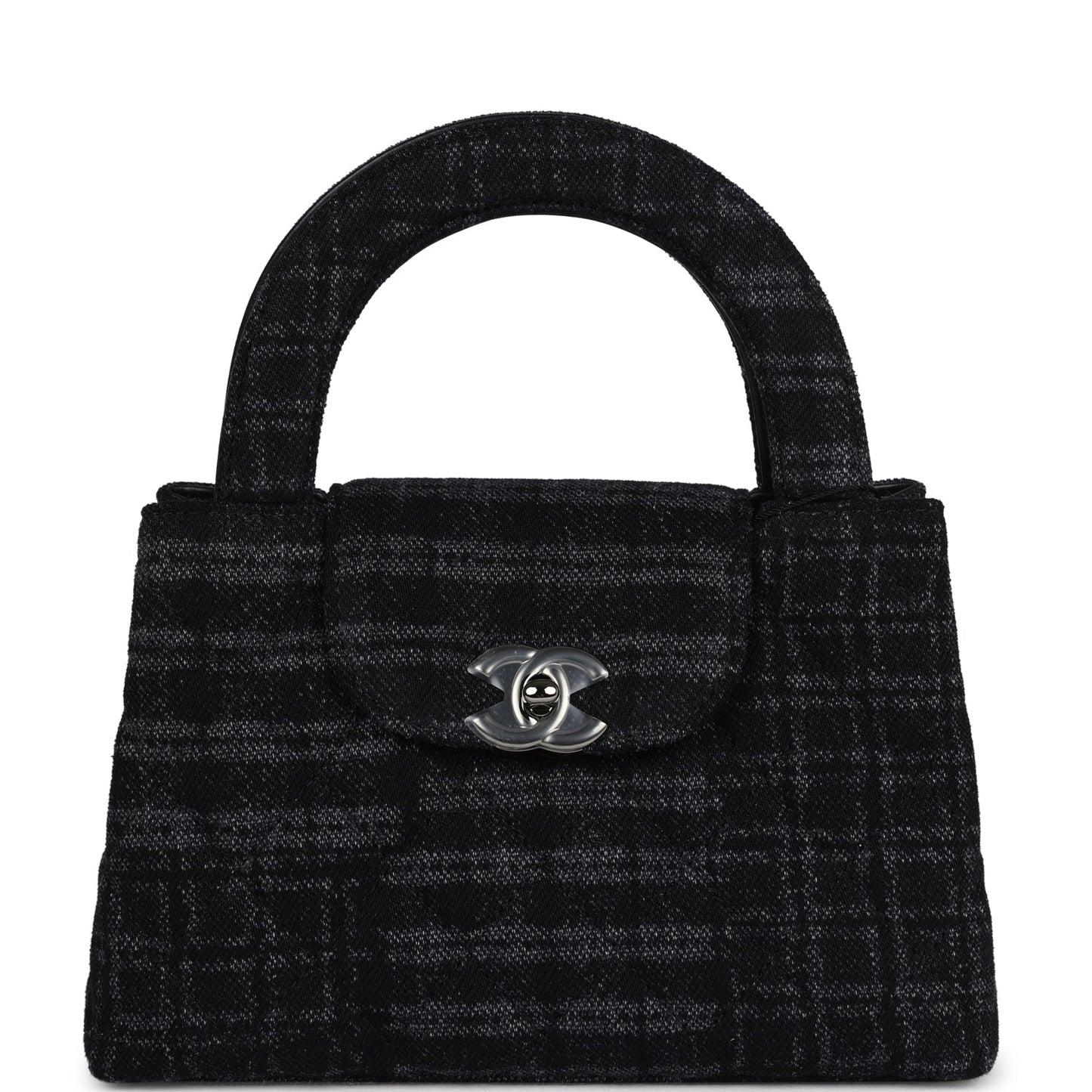 Chanel Small Kelly Shopper Dark Grey and Black Plaid Canvas Ruthenium Hardware Handbag