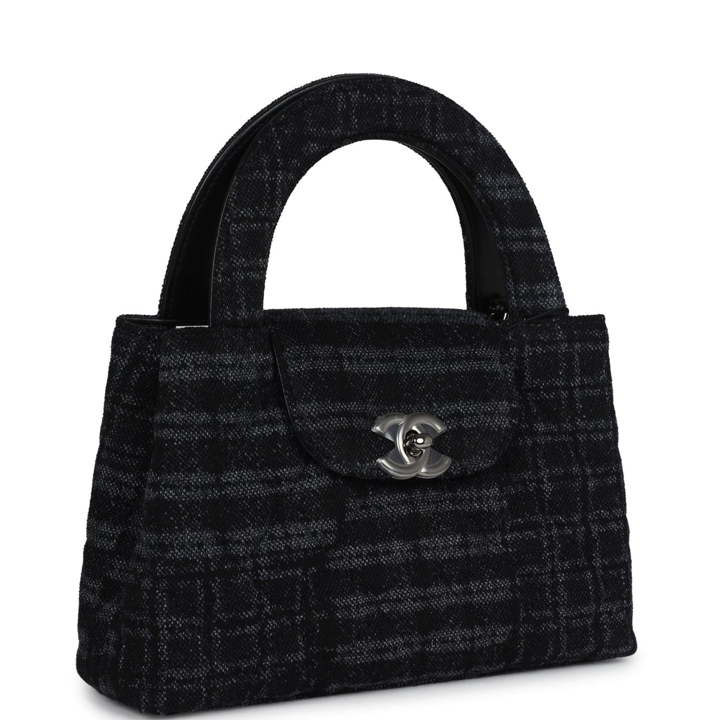 Chanel Small Kelly Shopper Dark Grey and Black Plaid Canvas Ruthenium Hardware Handbag