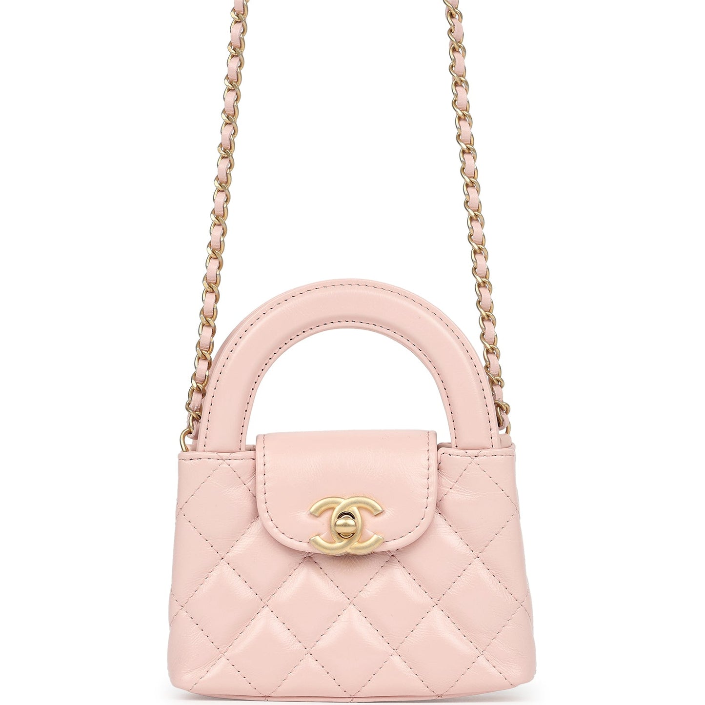 Chanel Nano Kelly Shopper Pink Shiny Aged Calfskin Brushed Gold Hardware Handbag