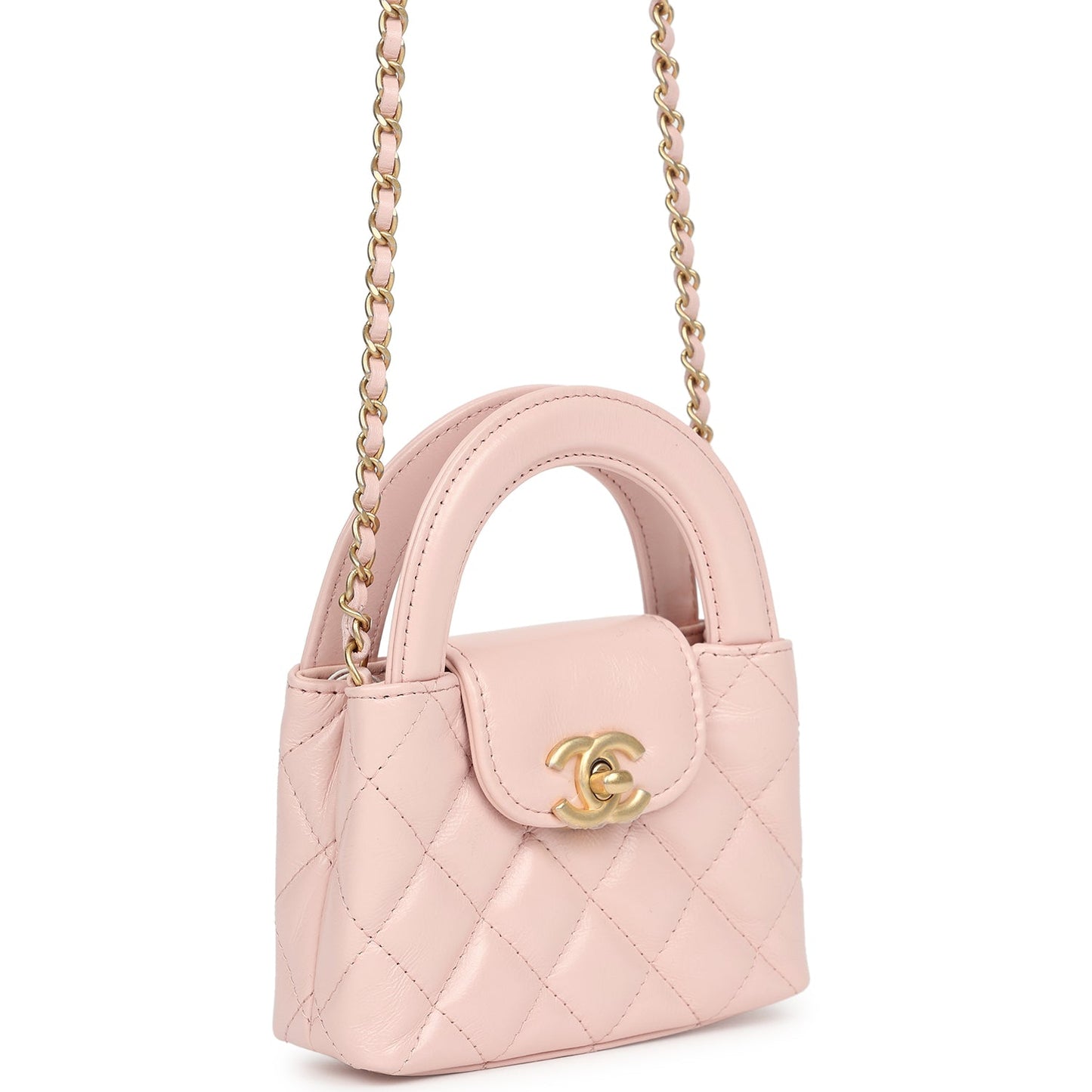 Chanel Nano Kelly Shopper Pink Shiny Aged Calfskin Brushed Gold Hardware Handbag