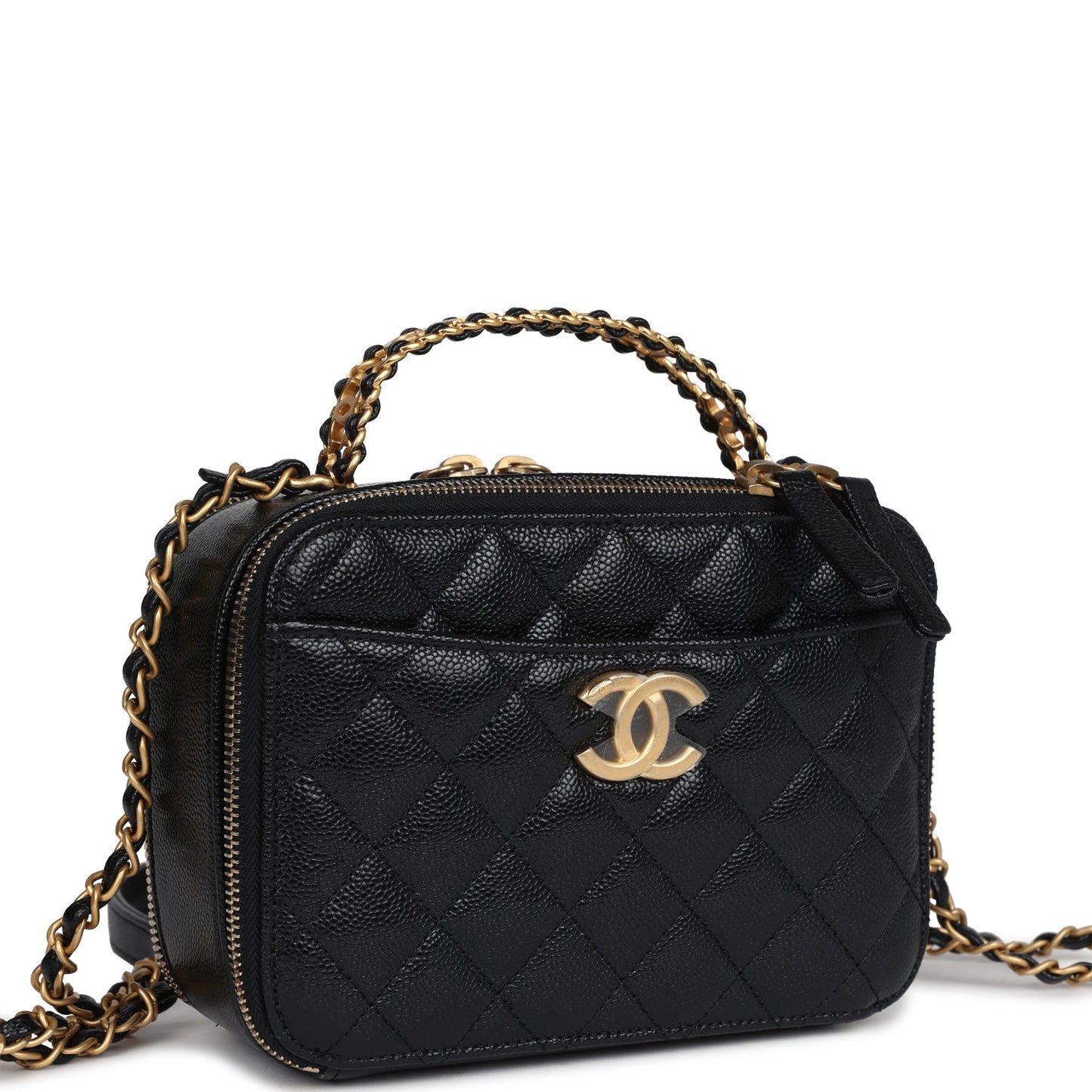 Chanel Small Pick Me Up Top Handle Vanity Case Black Caviar Brushed Gold Hardware Shoulder Bag