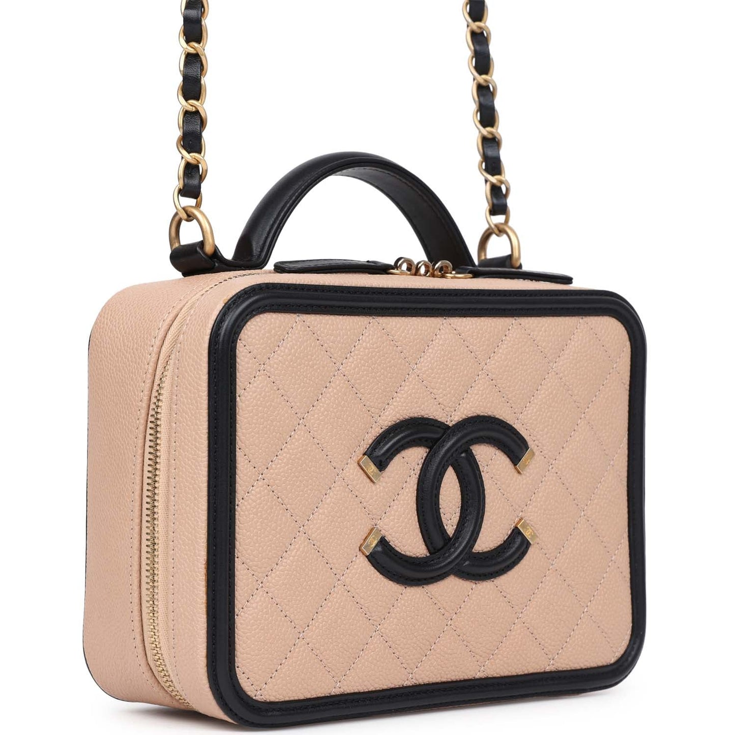 Chanel Medium CC Filigree Vanity Case Black and Beige Caviar Antique Gold Hardware
