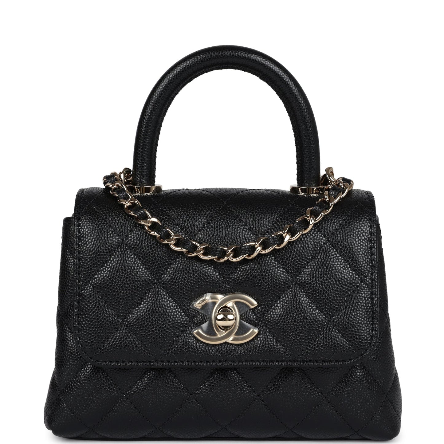 Chanel Nano Coco Top Handle Flap Bag Black Caviar Light Gold Hardware Coco Handle