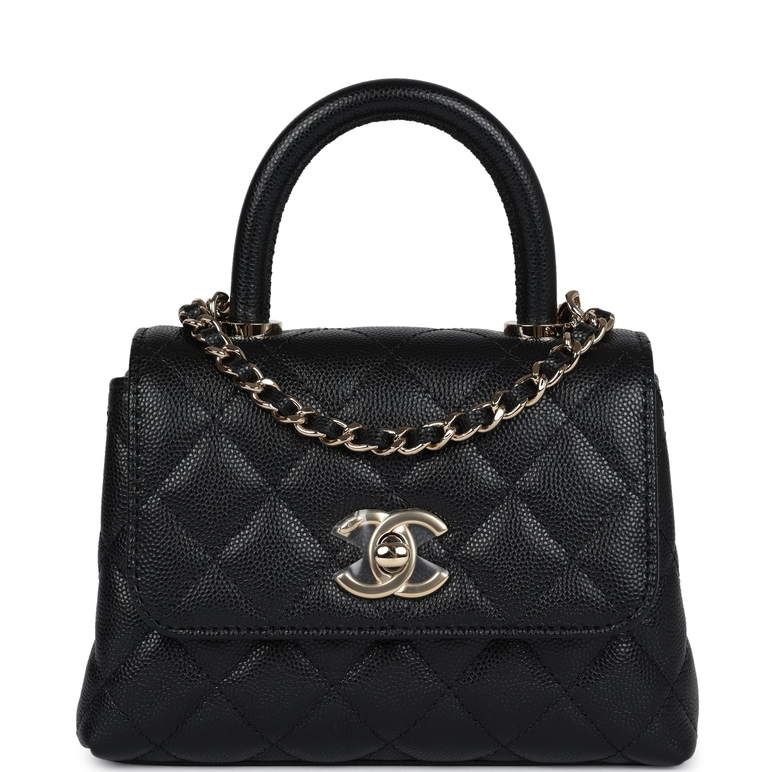Chanel Nano Coco Top Handle Flap Bag Black Caviar Light Gold Hardware Coco Handle