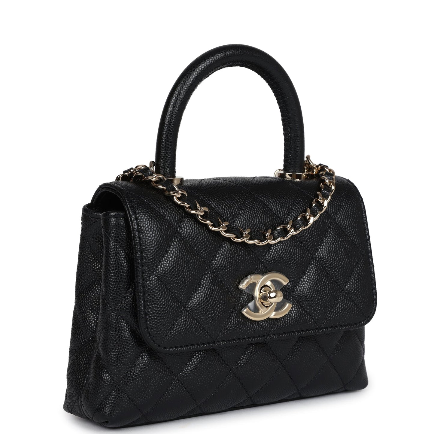 Chanel Nano Coco Top Handle Flap Bag Black Caviar Light Gold Hardware Coco Handle