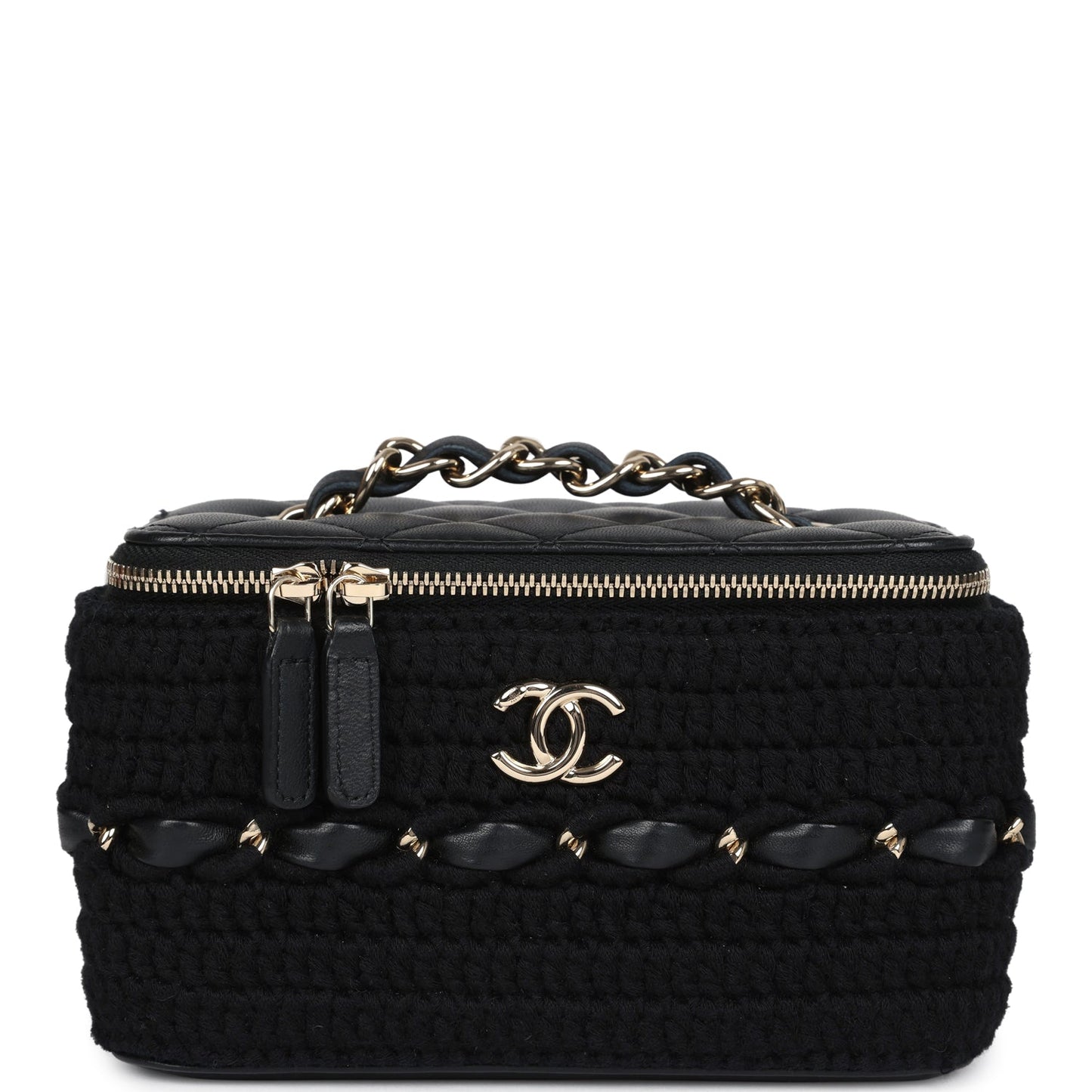 Chanel Small Vanity Case Black Crochet and Lambskin Light Gold Hardware Handbag