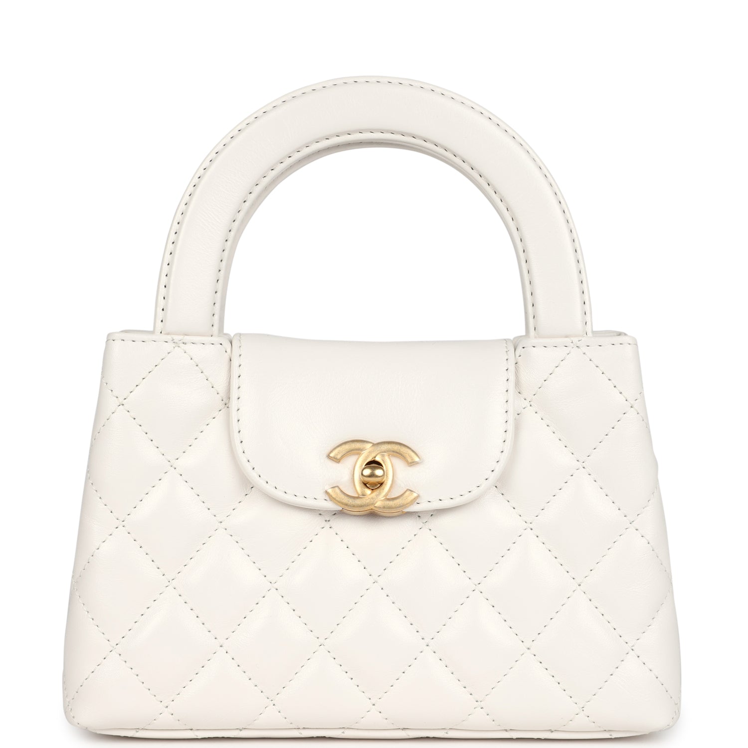 Chanel Small Kelly Shopper White Shiny Aged Calfskin Brushed Gold Hardware Crossbody
