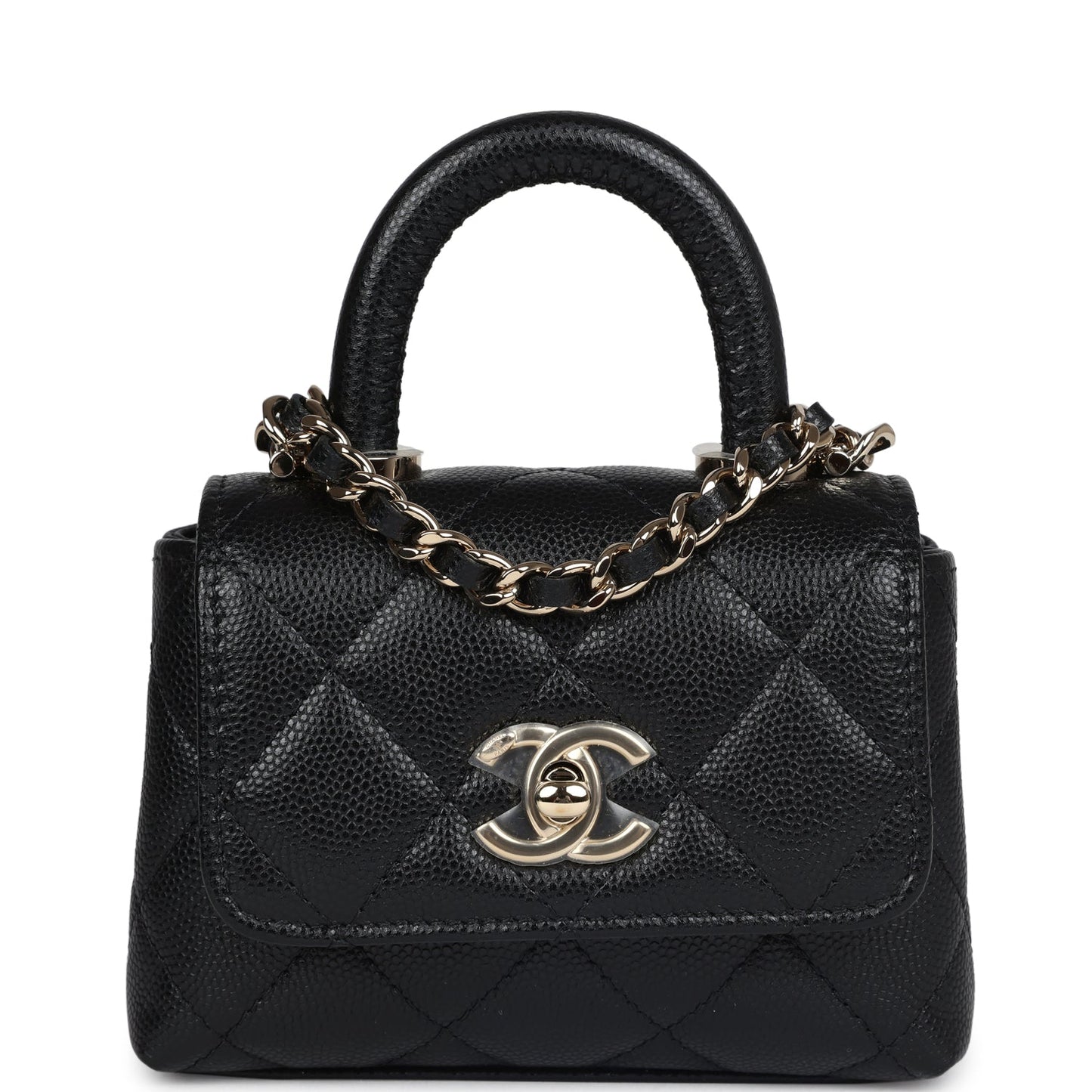Chanel Nano Coco Top Handle Flap Bag Black Caviar Light Gold Hardware Coco Handle