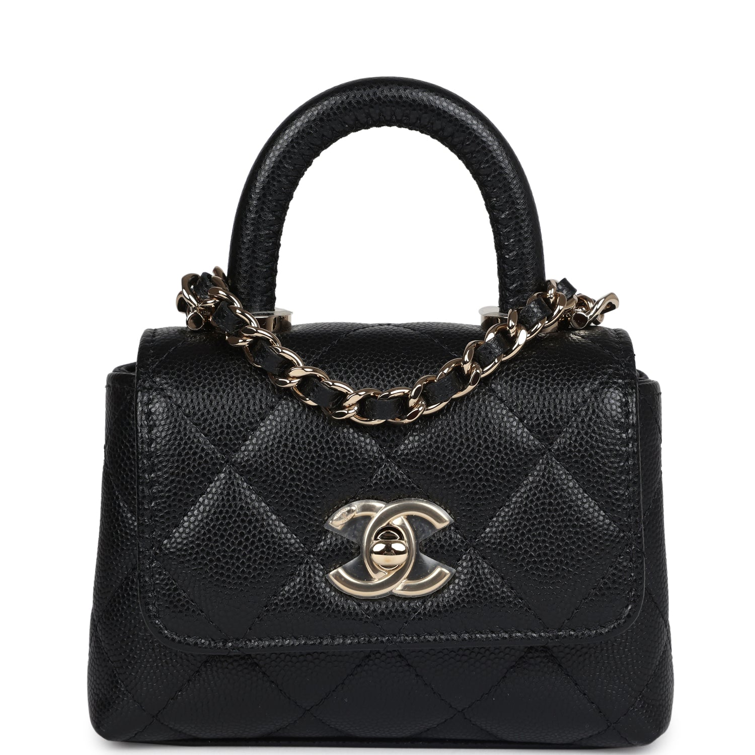 Chanel Nano Coco Top Handle Flap Bag Black Caviar Light Gold Hardware Coco Handle