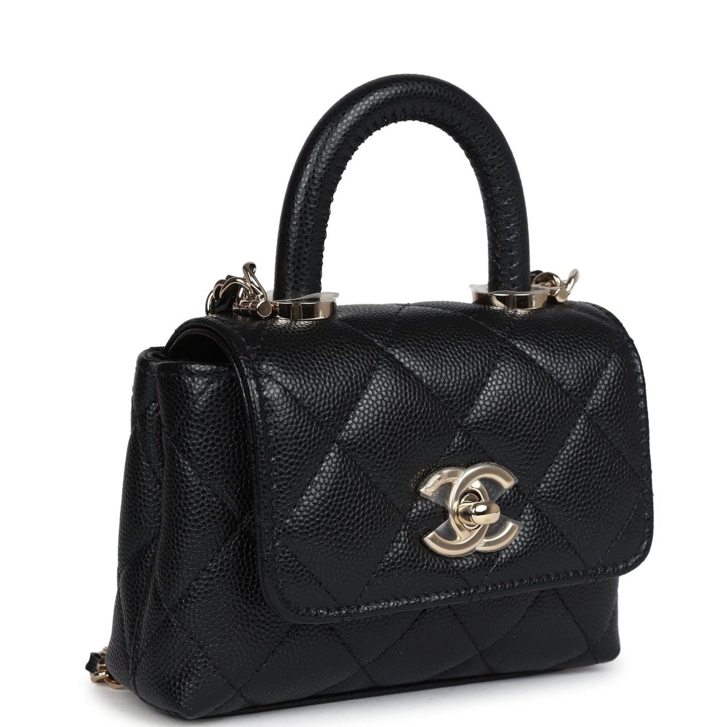 Chanel Nano Coco Top Handle Flap Bag Black Caviar Light Gold Hardware Coco Handle