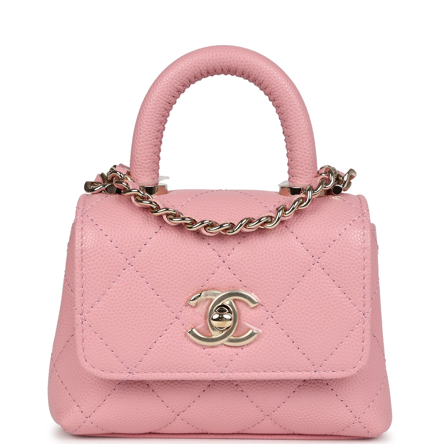 Chanel Nano Coco Top Handle Flap Bag Pink Grained Calfskin Light Gold Hardware Coco Handle