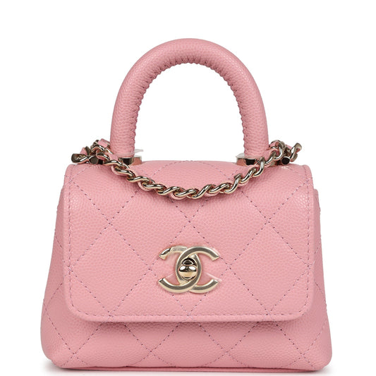 Chanel Nano Coco Top Handle Flap Bag Pink Grained Calfskin Light Gold Hardware Coco Handle