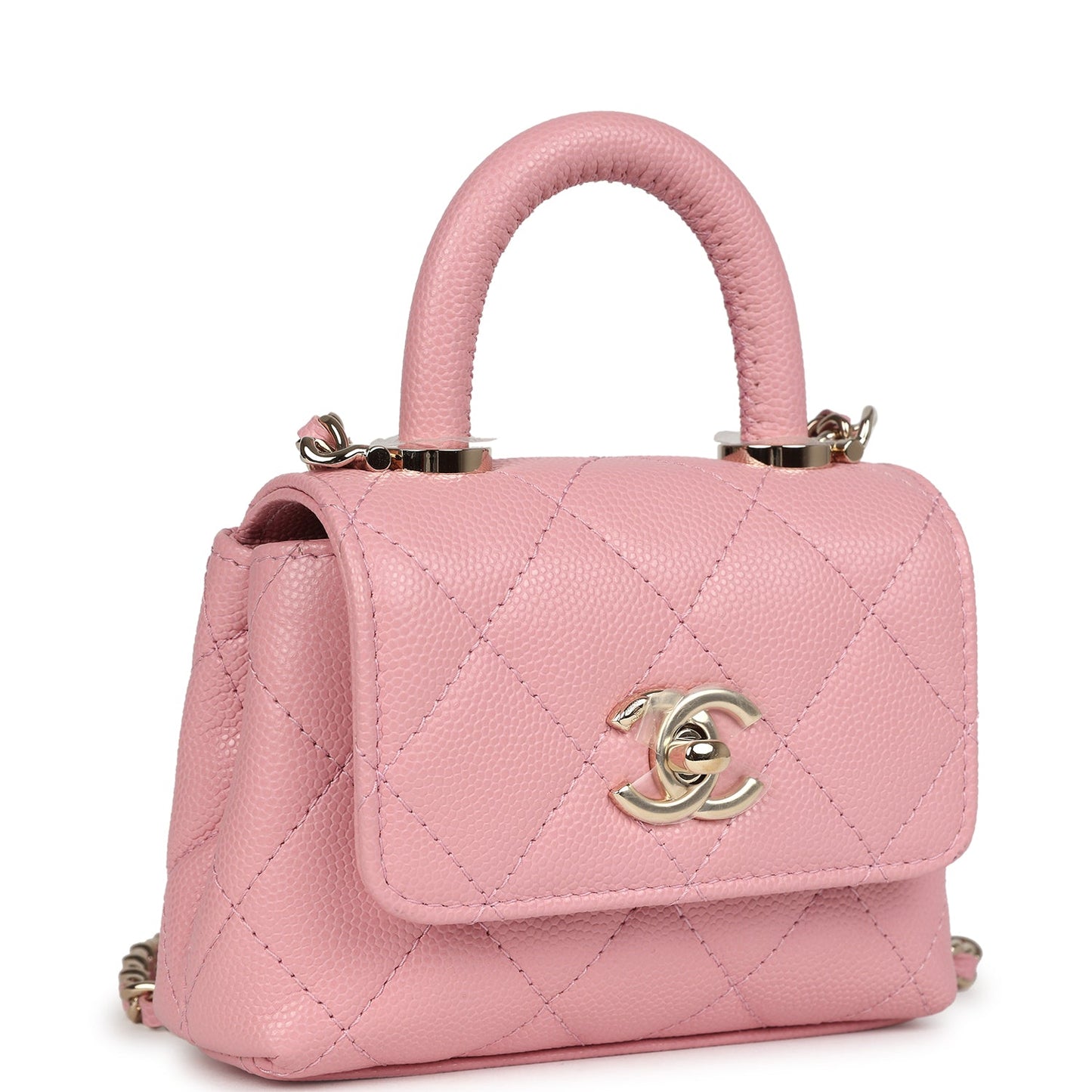 Chanel Nano Coco Top Handle Flap Bag Pink Grained Calfskin Light Gold Hardware Coco Handle