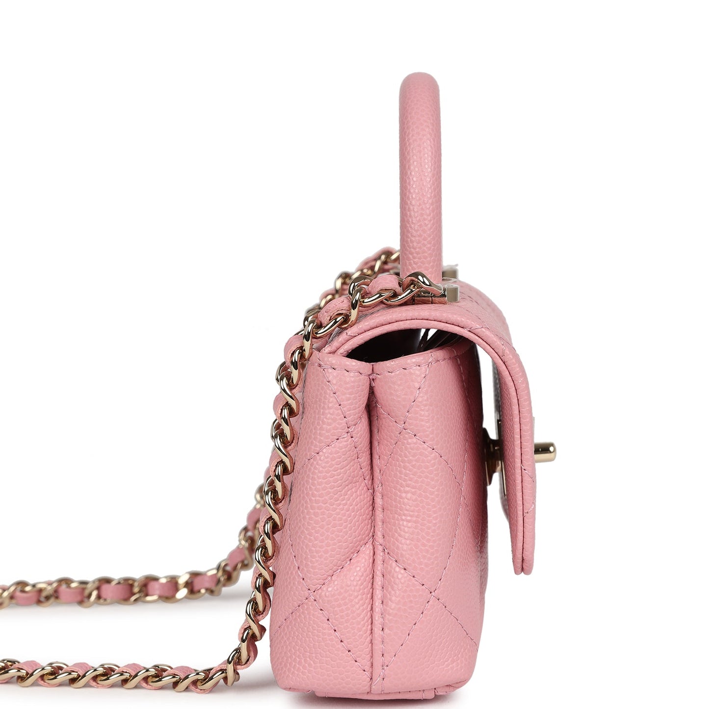 Chanel Nano Coco Top Handle Flap Bag Pink Grained Calfskin Light Gold Hardware Coco Handle