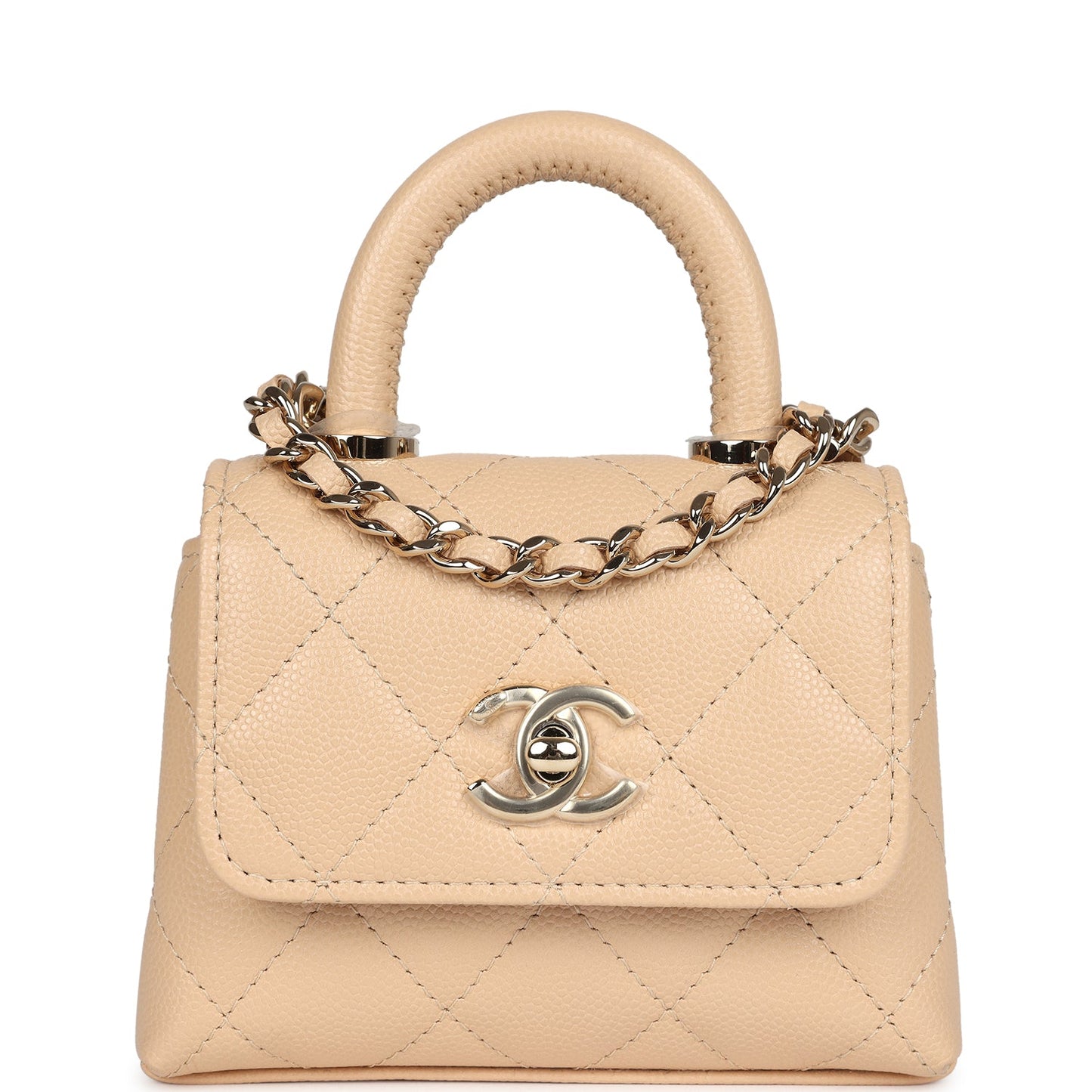 Chanel Nano Coco Top Handle Flap Bag Light Beige Caviar Light Gold Hardware Coco Handle
