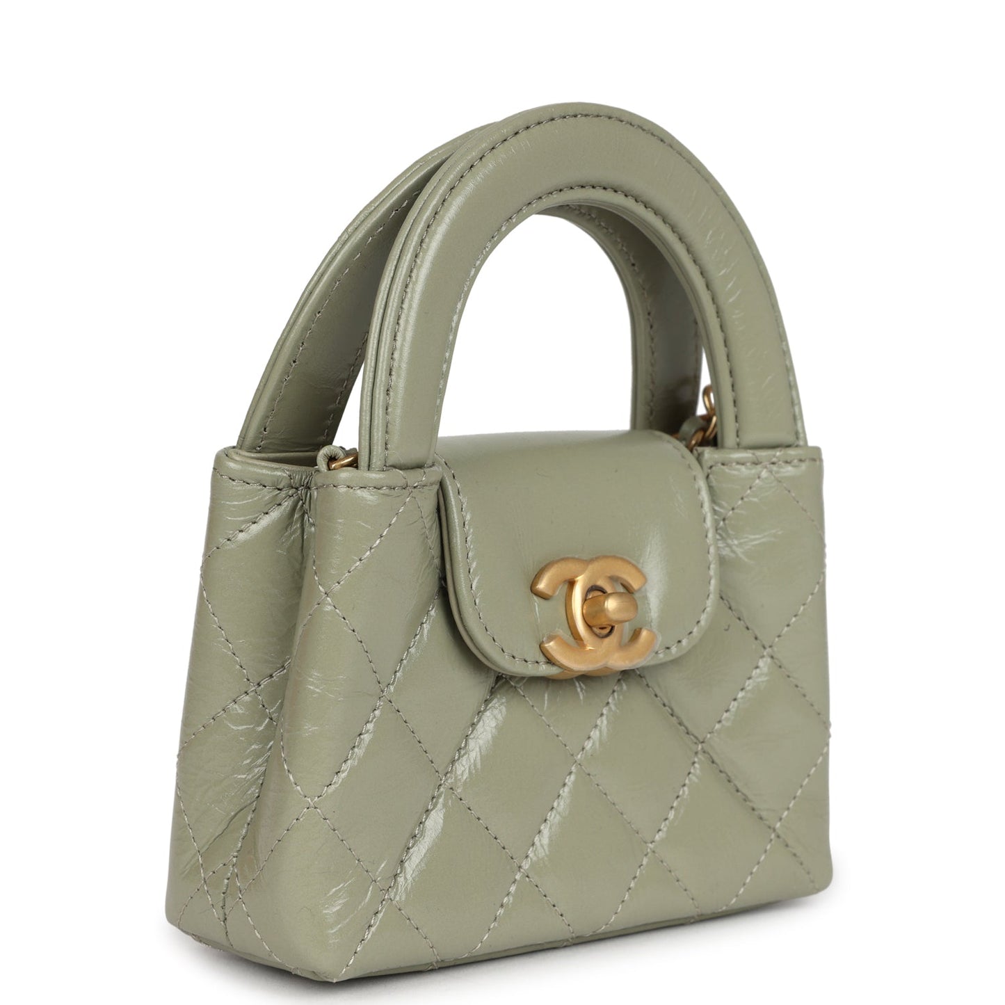 Chanel Nano Kelly Shopper Khaki Shiny Aged Calfskin Brushed Gold Hardware Crossbody