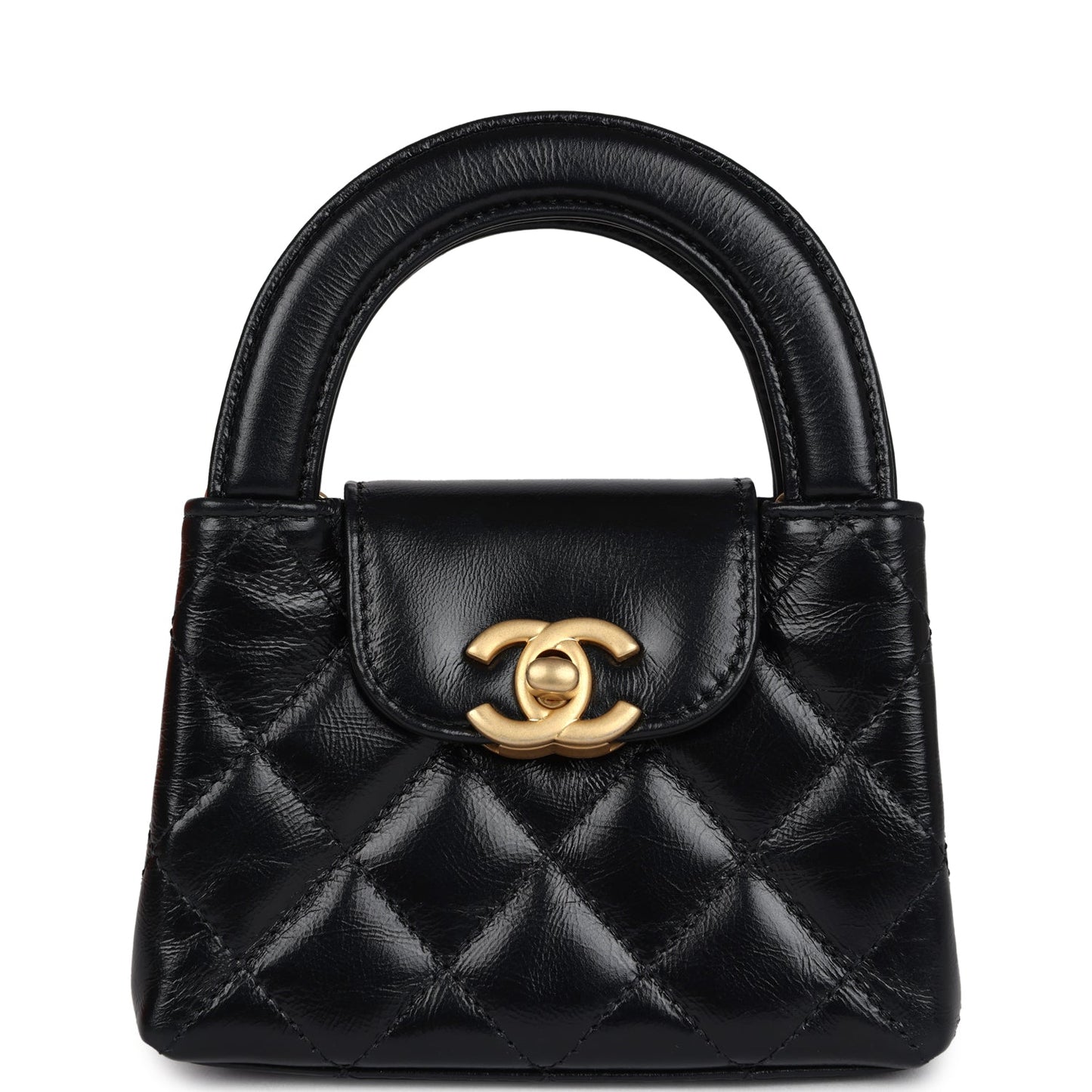 Chanel Nano Kelly Shopper Black Shiny Aged Calfskin Brushed Gold Hardware Crossbody