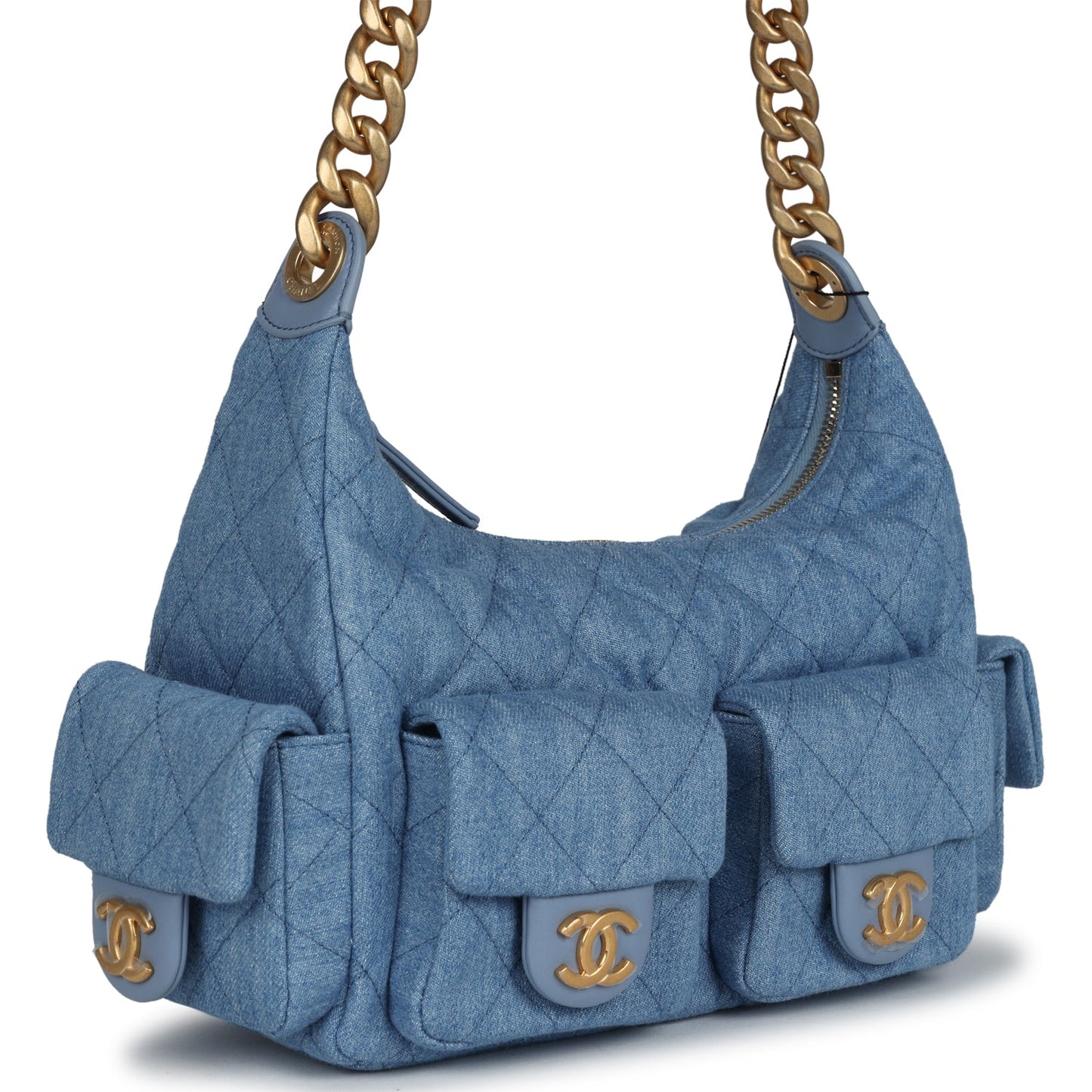Chanel Large Cargo Hobo Bag Light Blue Washed Brushed Gold Hardware