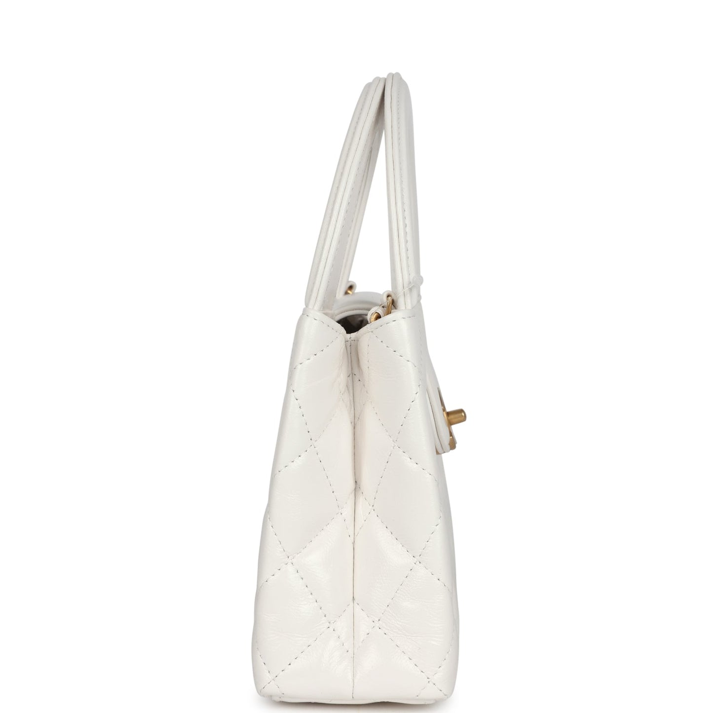 Chanel Small Kelly Shopper White Shiny Aged Calfskin Brushed Gold Hardware Crossbody