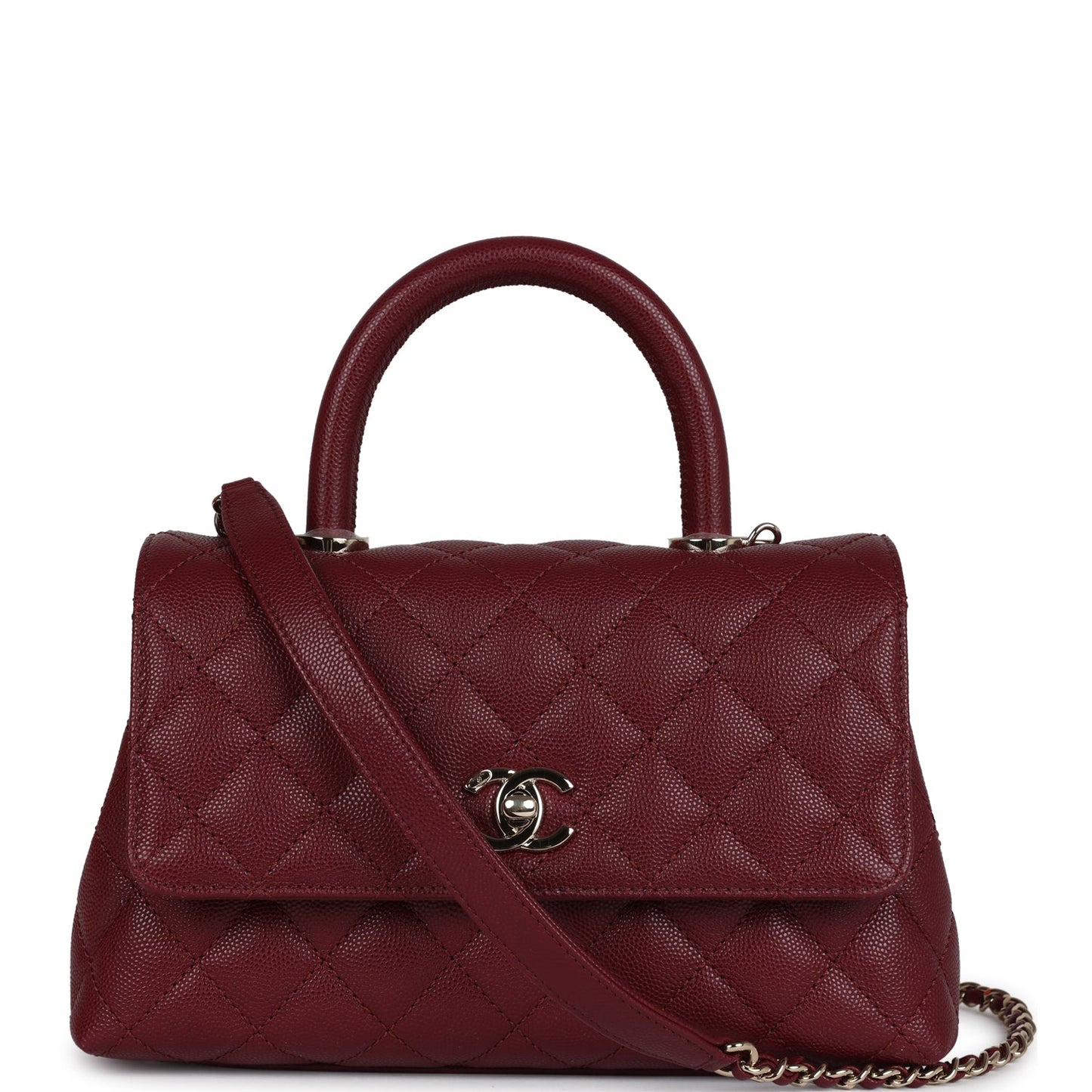 Chanel Small Coco Top Handle Flap Bag Burgundy Caviar Light Gold Hardware Coco Handle
