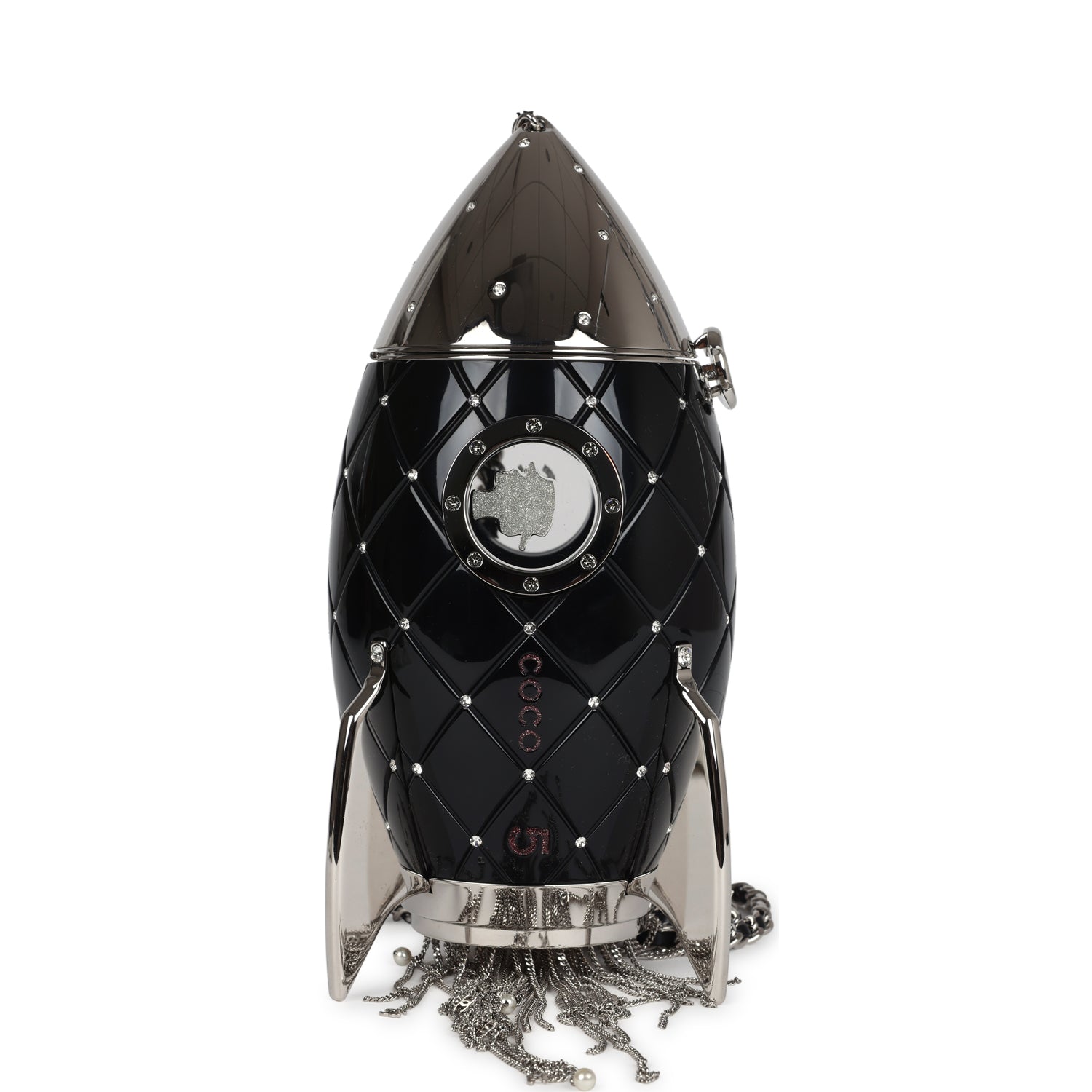 Chanel Limited Edition Rocket Ship Minaudière Bag Black Lucite and Crystals Silver Hardware
