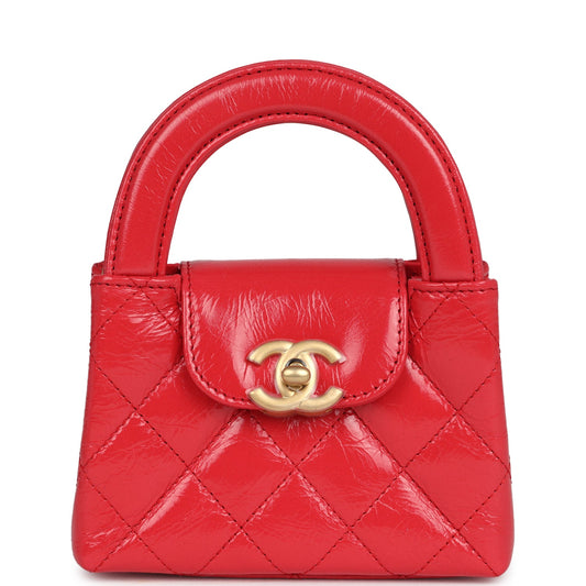 Chanel Nano Kelly Shopper Red Shiny Aged Calfskin Brushed Gold Hardware Crossbody