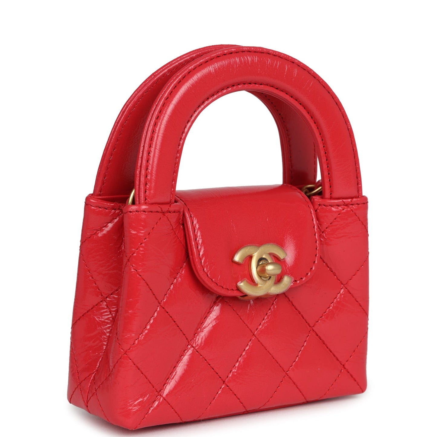 Chanel Nano Kelly Shopper Red Shiny Aged Calfskin Brushed Gold Hardware Crossbody