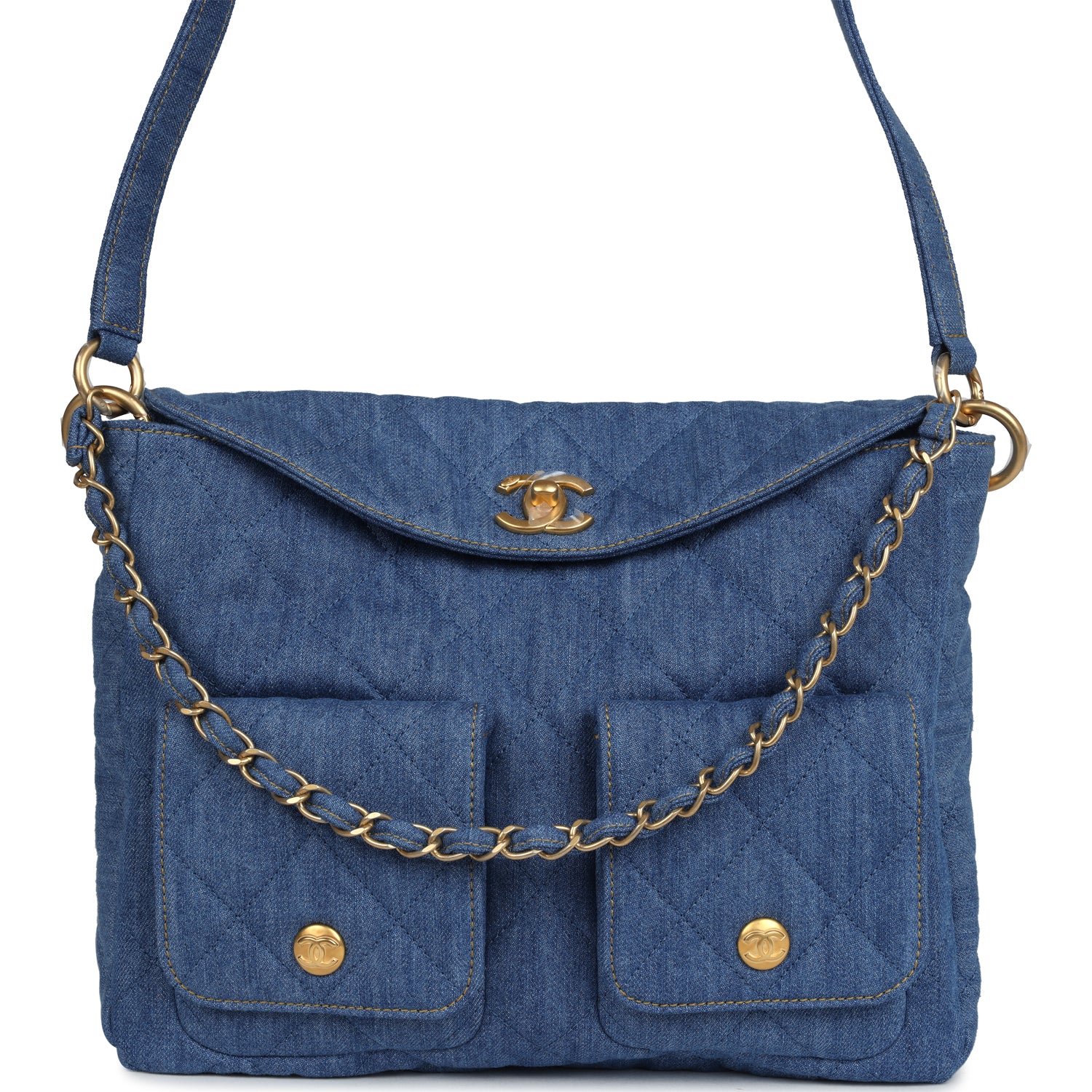 Chanel Large Supple Twins Hobo Bag Blue Brushed Gold Hardware