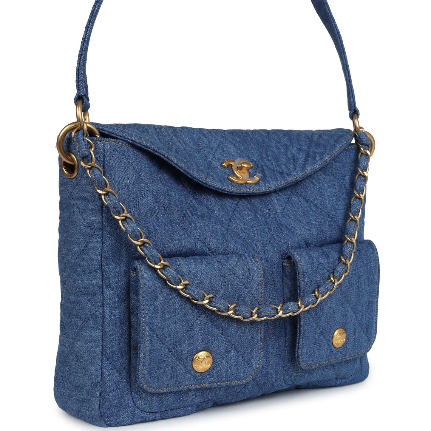 Chanel Large Supple Twins Hobo Bag Blue Brushed Gold Hardware