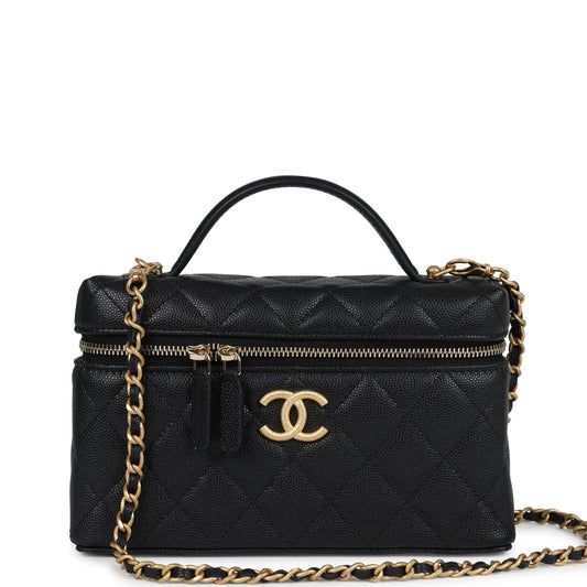 Chanel Top Handle Long Vanity Case With Chain Black Shiny Caviar Brushed Gold Hardware Crossbody