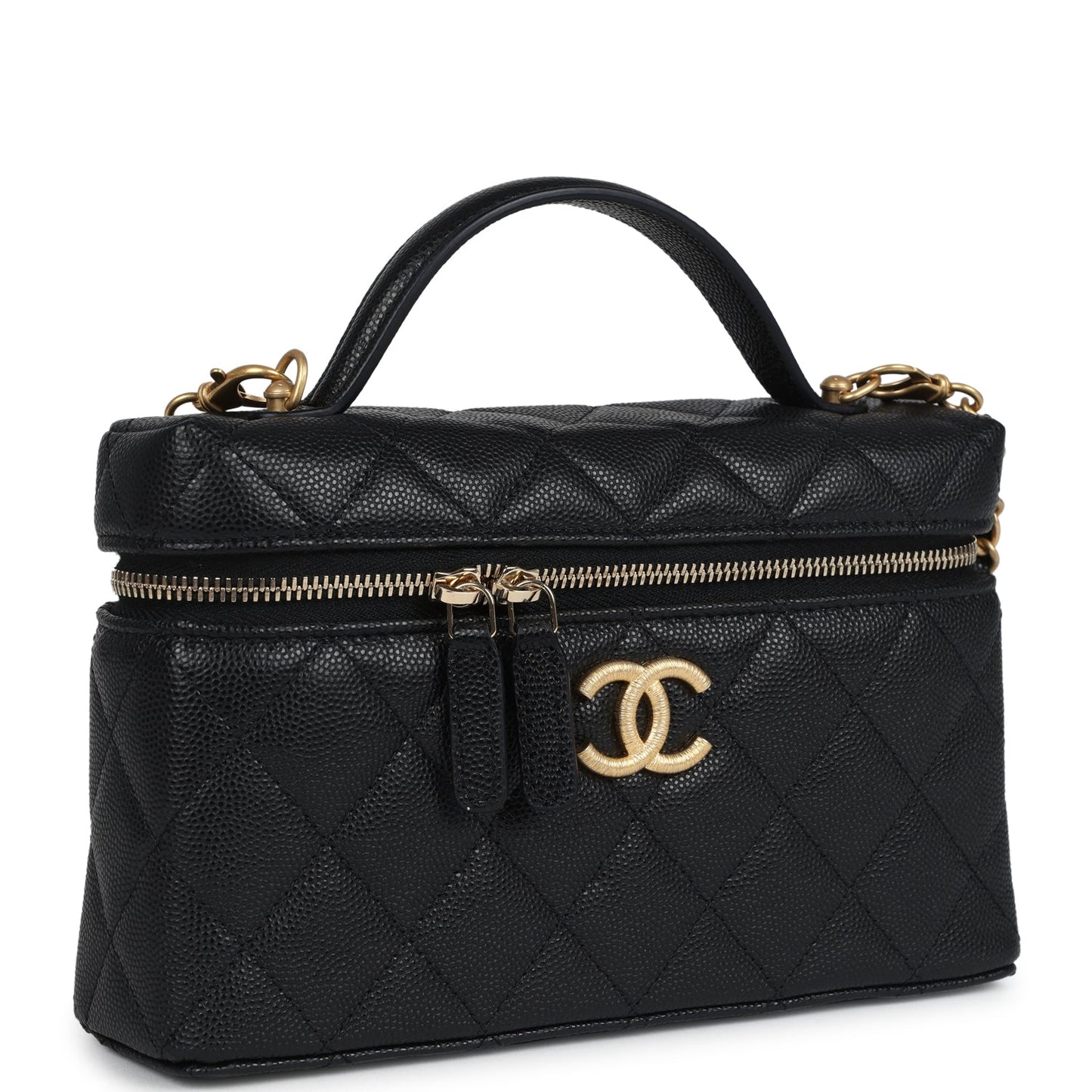 Chanel Top Handle Long Vanity Case With Chain Black Shiny Caviar Brushed Gold Hardware Crossbody