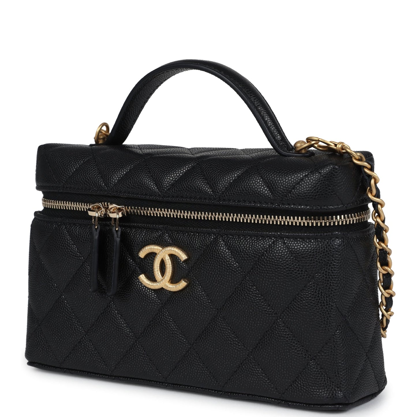 Chanel Top Handle Long Vanity Case With Chain Black Shiny Caviar Brushed Gold Hardware Crossbody