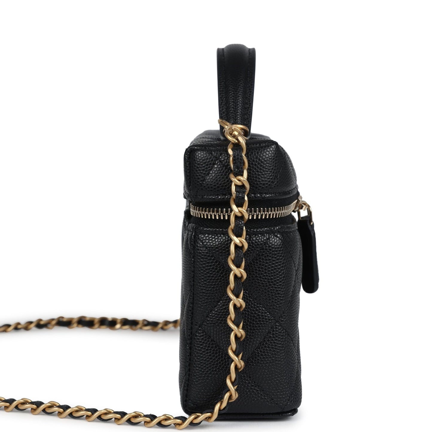 Chanel Top Handle Long Vanity Case With Chain Black Shiny Caviar Brushed Gold Hardware Crossbody