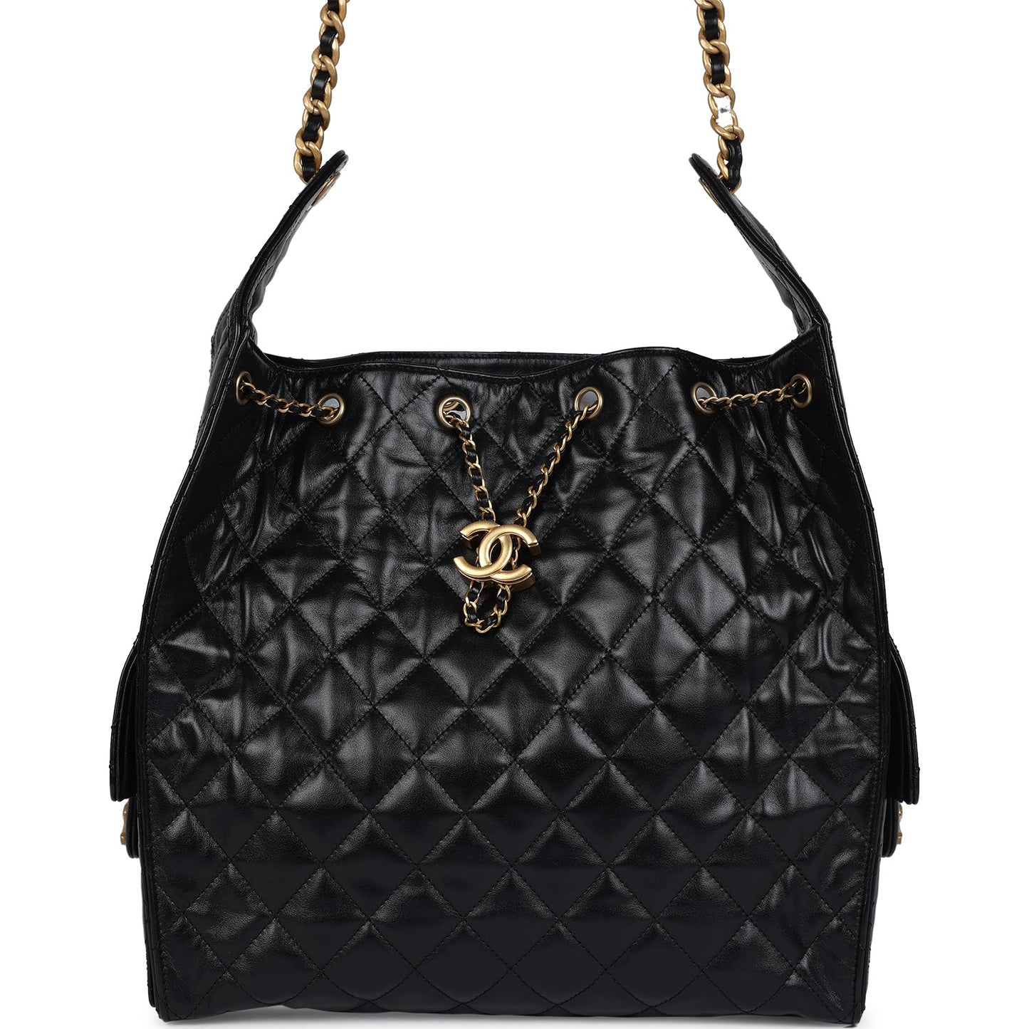 Chanel Medium 25 Hobo Bag Black Shiny Lambskin Antique Gold Hardware