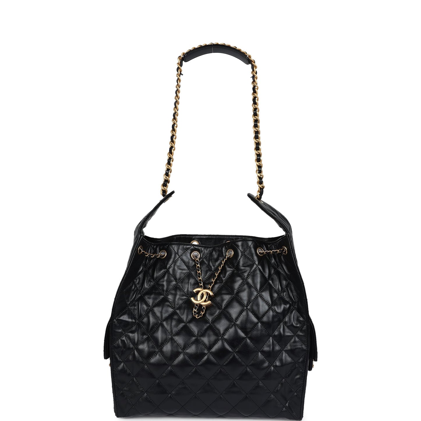 Chanel Medium 25 Hobo Bag Black Shiny Lambskin Antique Gold Hardware