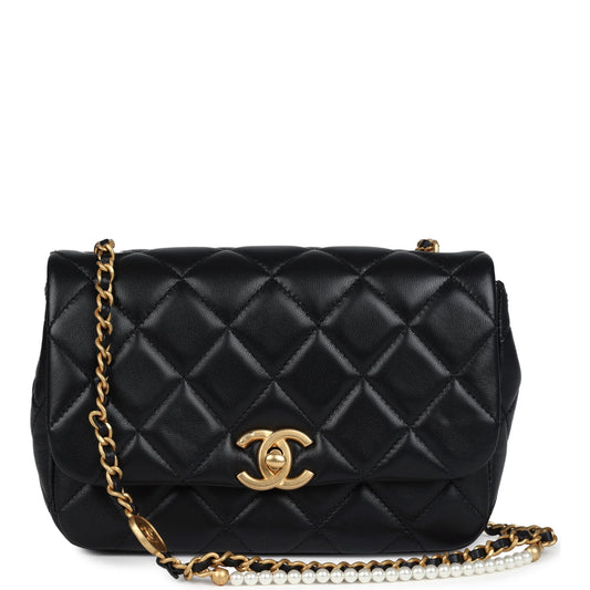 Chanel Mini Pearly Chain Flap Bag Black Lambskin Brushed Gold Hardware