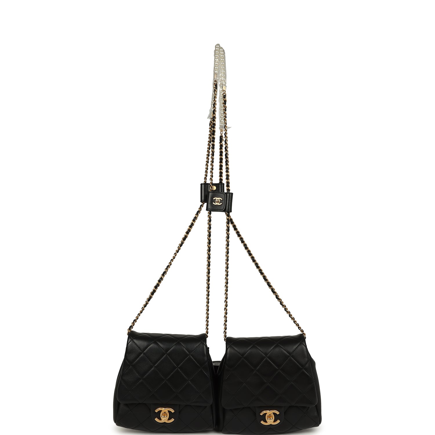 Chanel Twins Side Pack Black Lambskin Faux Pearls & Brushed Gold Hardware Handbag