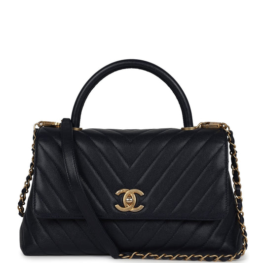 Chanel Medium Coco Top Handle Navy Blue Chevron Caviar Antique Gold Hardware Coco Handle Crossbody