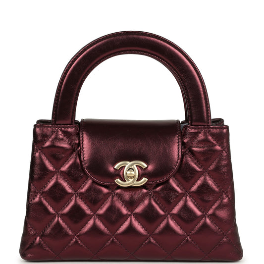 Chanel Small Kelly Shopper Metallic Burgundy Calfskin Brushed Gold Hardware Crossbody