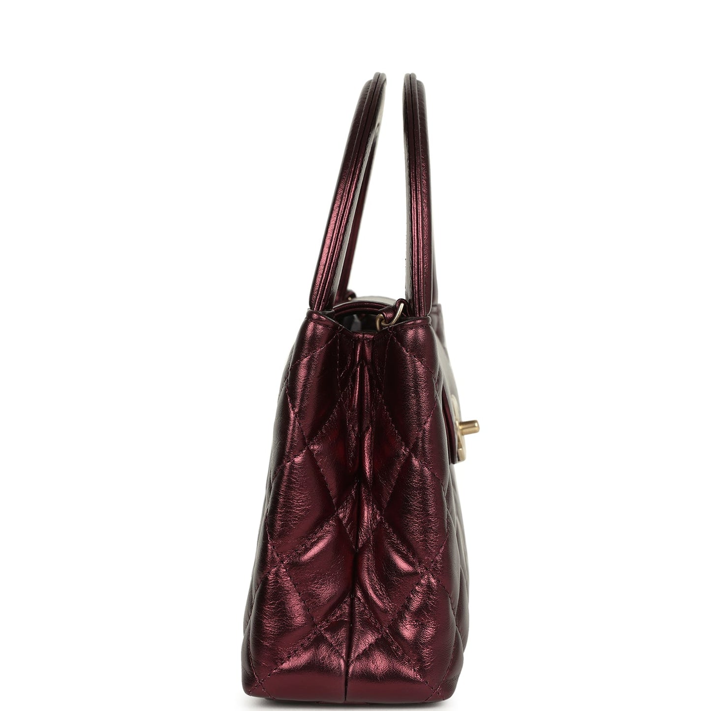 Chanel Small Kelly Shopper Metallic Burgundy Calfskin Brushed Gold Hardware Crossbody