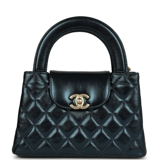 Chanel Small Kelly Shopper Metallic Blue Calfskin Brushed Gold Hardware Crossbody