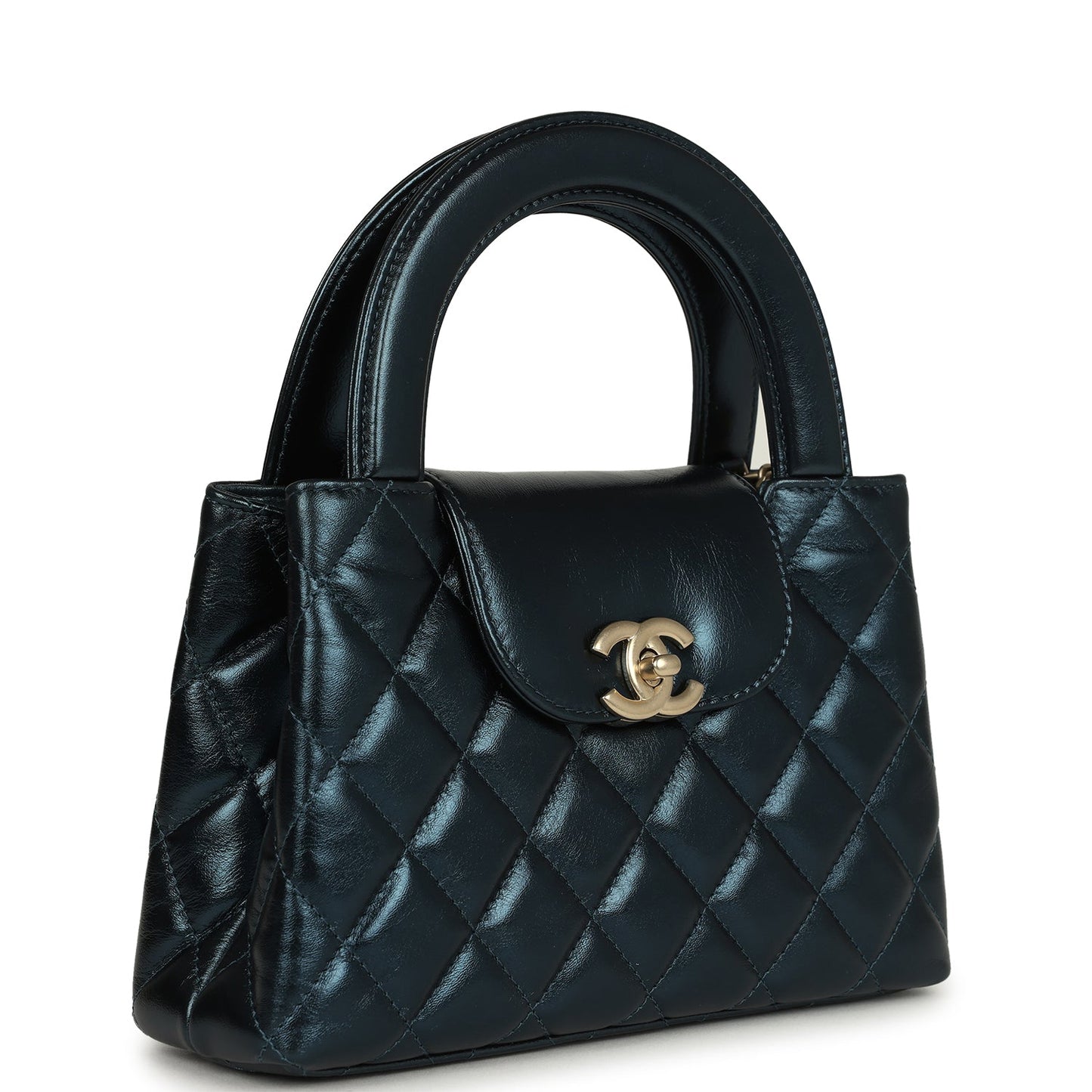 Chanel Small Kelly Shopper Metallic Blue Calfskin Brushed Gold Hardware Crossbody