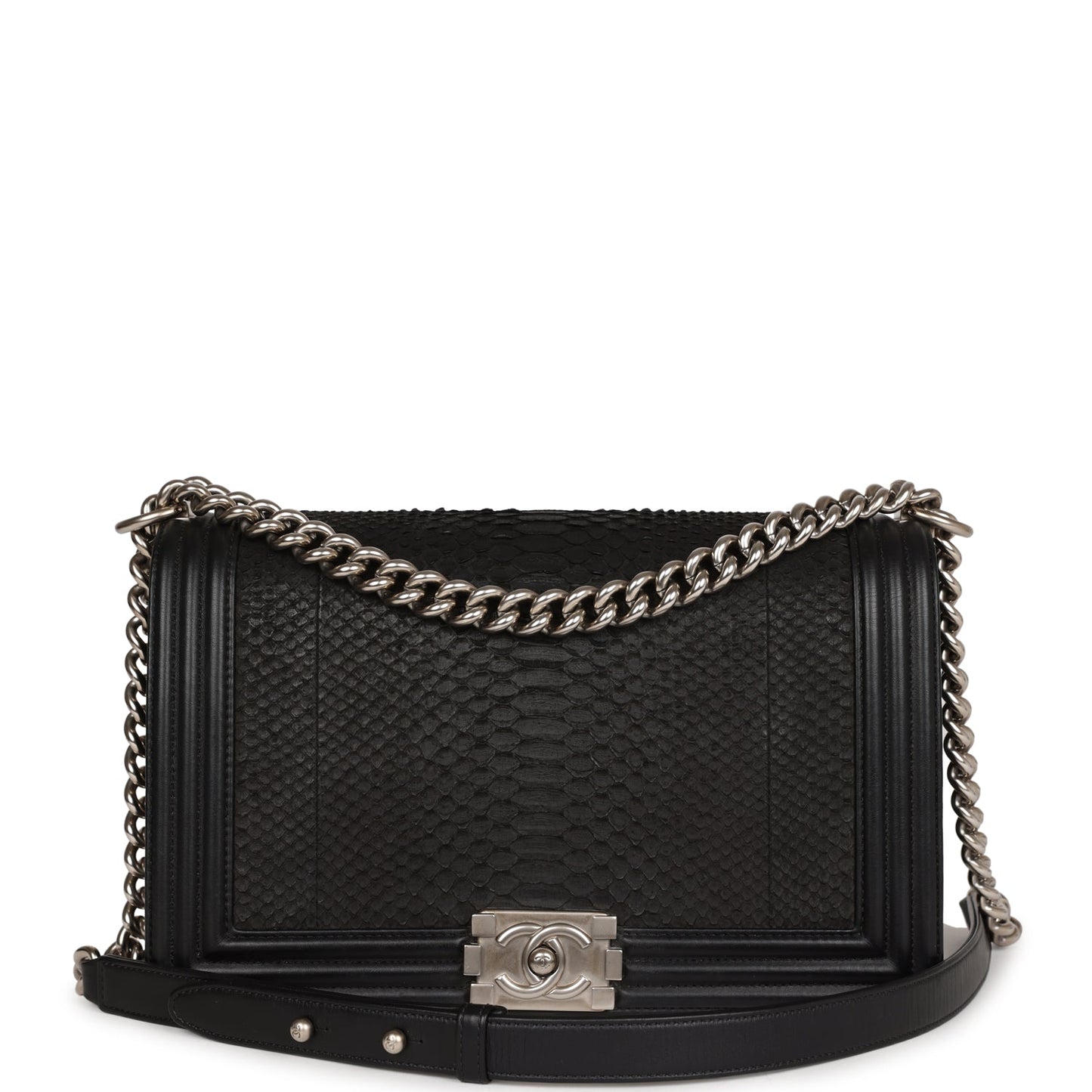 Chanel Medium Boy Bag Black Python and Lambskin Brushed Silver Hardware