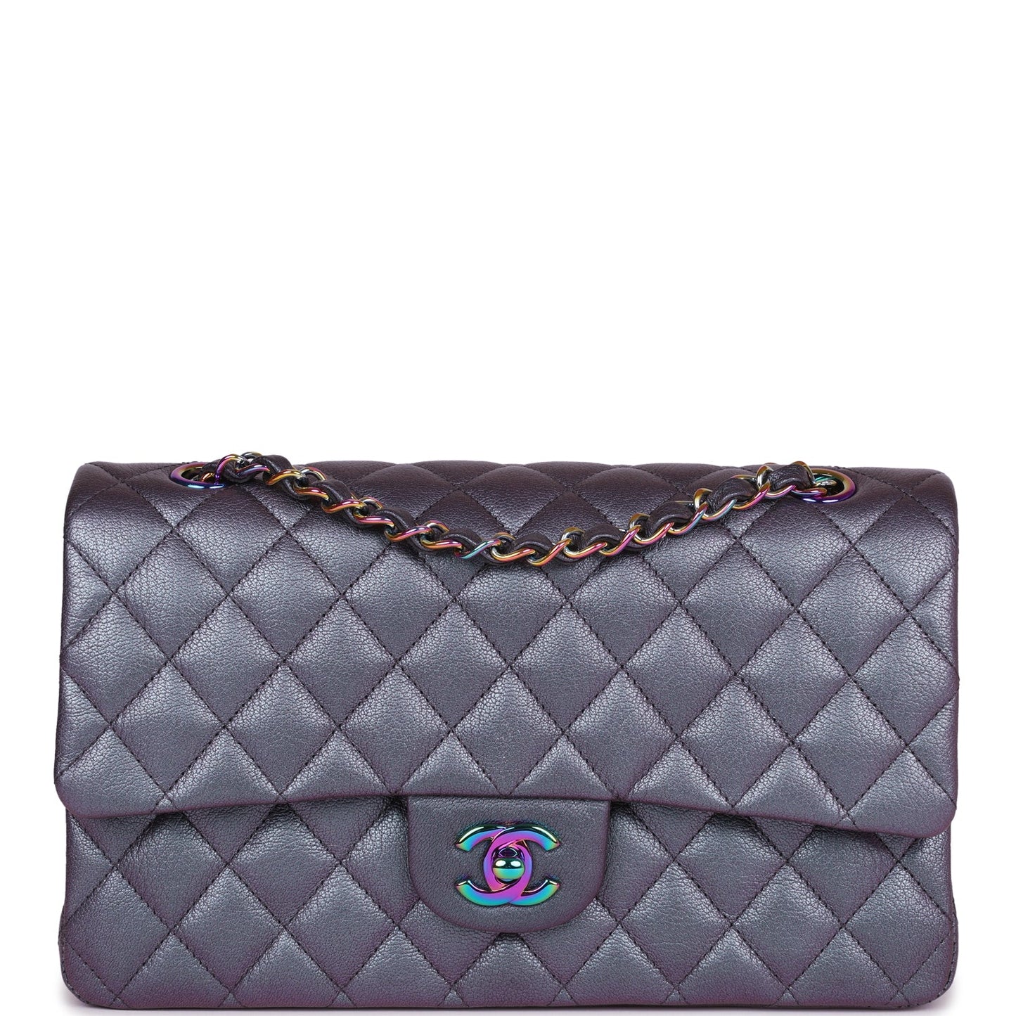 Chanel Medium Classic Double Flap Bag Iridescent Purple Mermaid Goatskin Rainbow Hardware